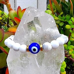 Handmade white turquoise/ white howlite gemstone bracelet with evil eye charm